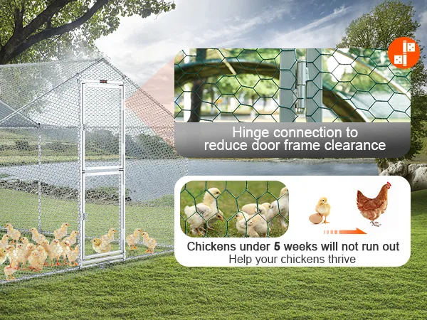 VEVOR metal chicken coop with hinge door and chicks in an outdoor setting with a detailed mesh close-up.