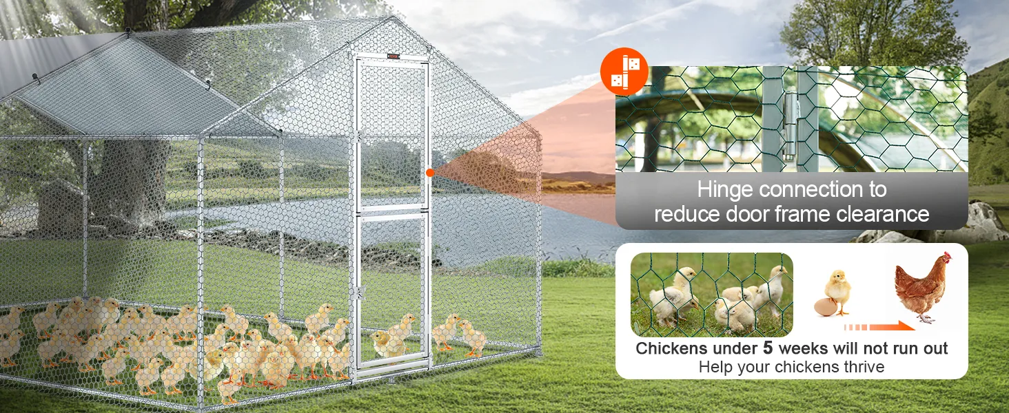 VEVOR metal chicken coop with hinge door and chicks in an outdoor setting with a detailed mesh close-up.