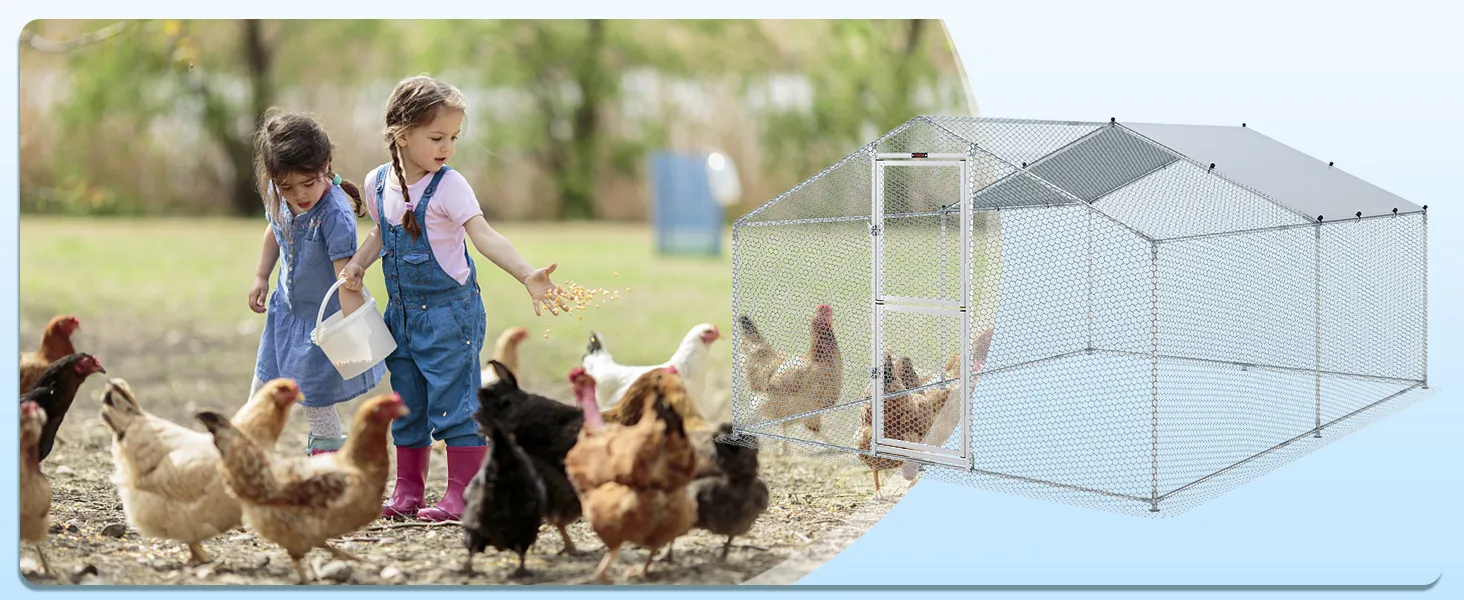 children feeding chickens near VEVOR metal chicken coop in a green outdoor setting.