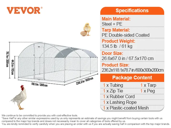 VEVOR large metal chicken coop with dimensions, specifications, and package contents listed.