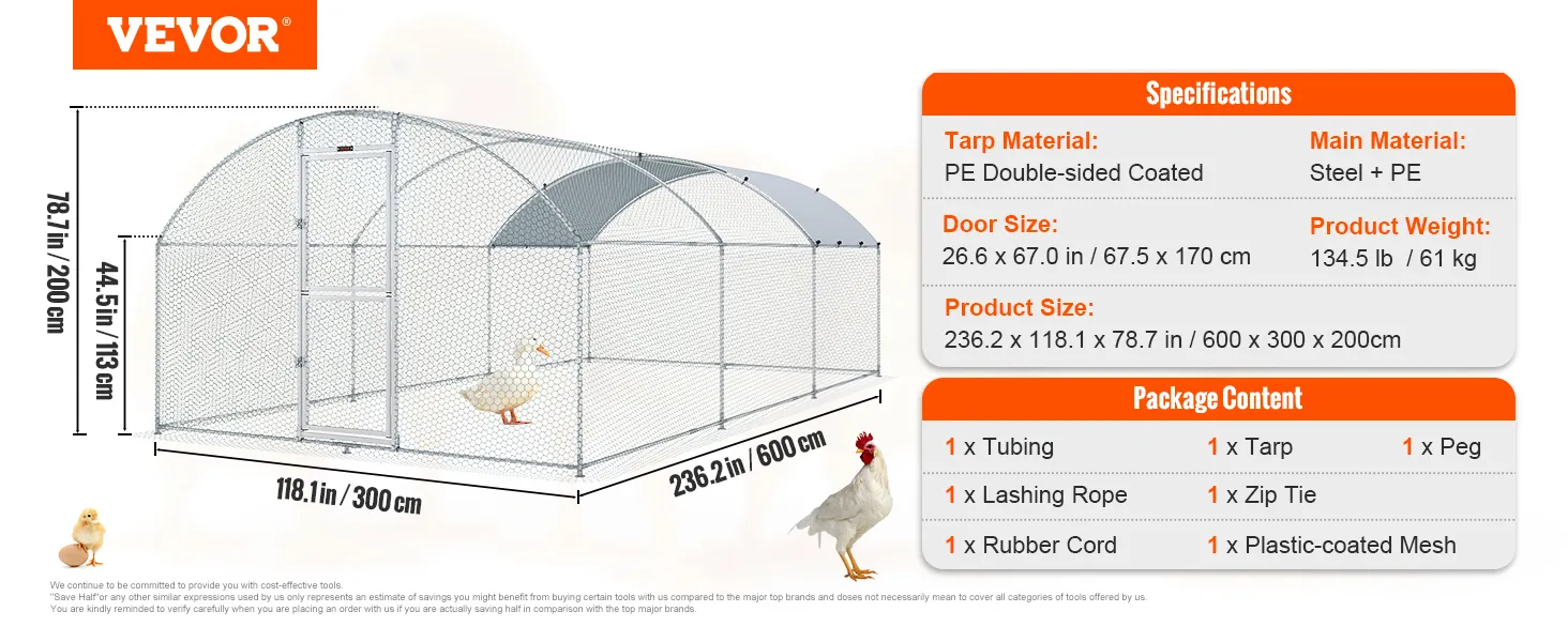 VEVOR large metal chicken coop with dimensions, specifications, and package contents listed.