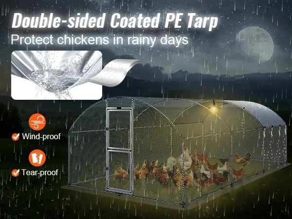 VEVOR large metal chicken coop in rainy weather with a double-sided coated pe tarp for wind and tear protection.