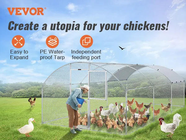 VEVOR large metal chicken coop with waterproof tarp, easy to expand, and independent feeding port.