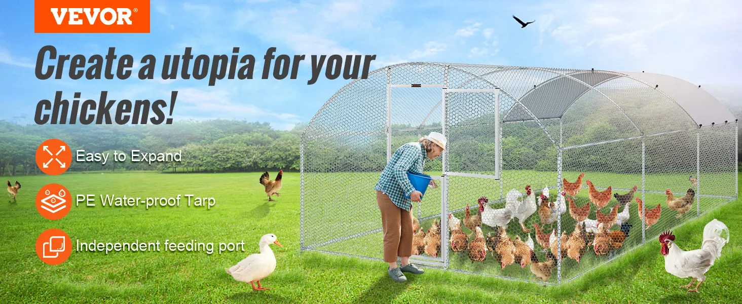 VEVOR large metal chicken coop with waterproof tarp, easy to expand, and independent feeding port.
