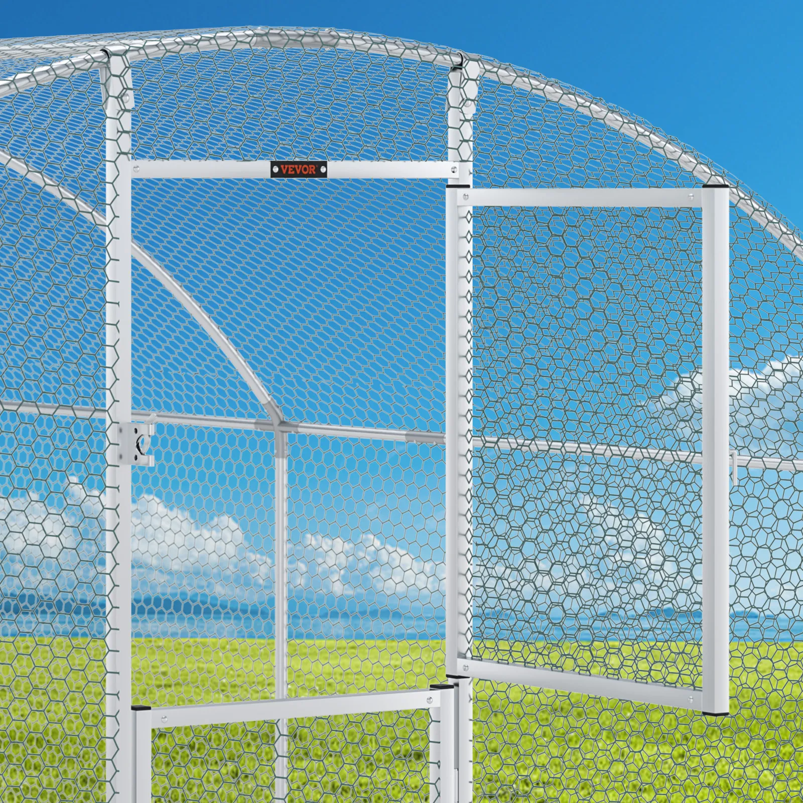 VEVOR large metal chicken coop with wire mesh door and metal frame under a clear blue sky.