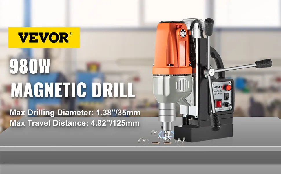 VEVOR magnetic drill press, 980w power, max drilling diameter 1.38", travel distance 4.92".
