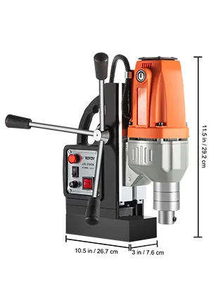 VEVOR magnetic drill press with dimensions marked for reference.