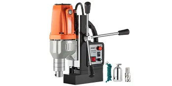 VEVOR magnetic drill press with accessories, featuring an orange and gray design.