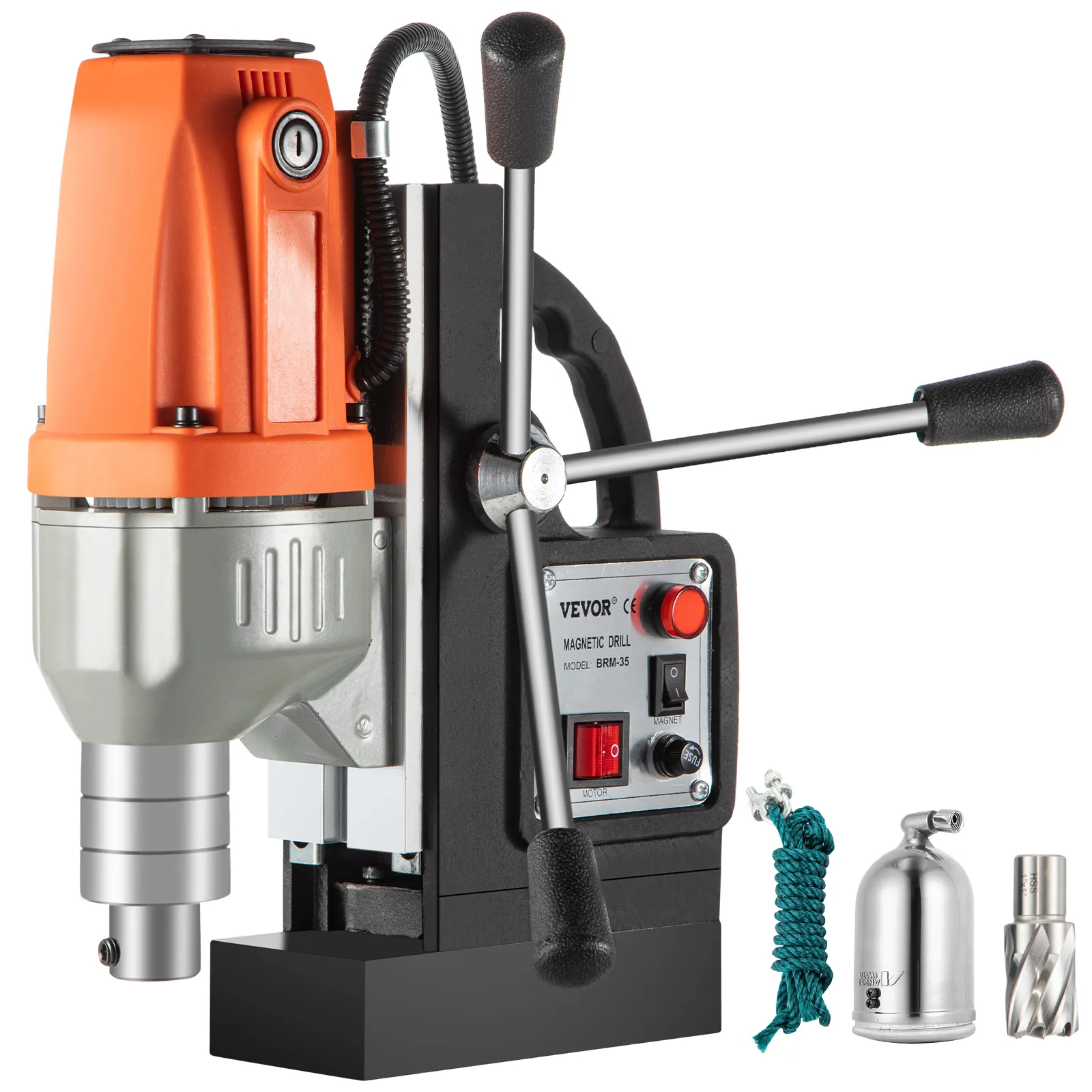 VEVOR magnetic drill press with accessories, featuring an orange casing and control panel.