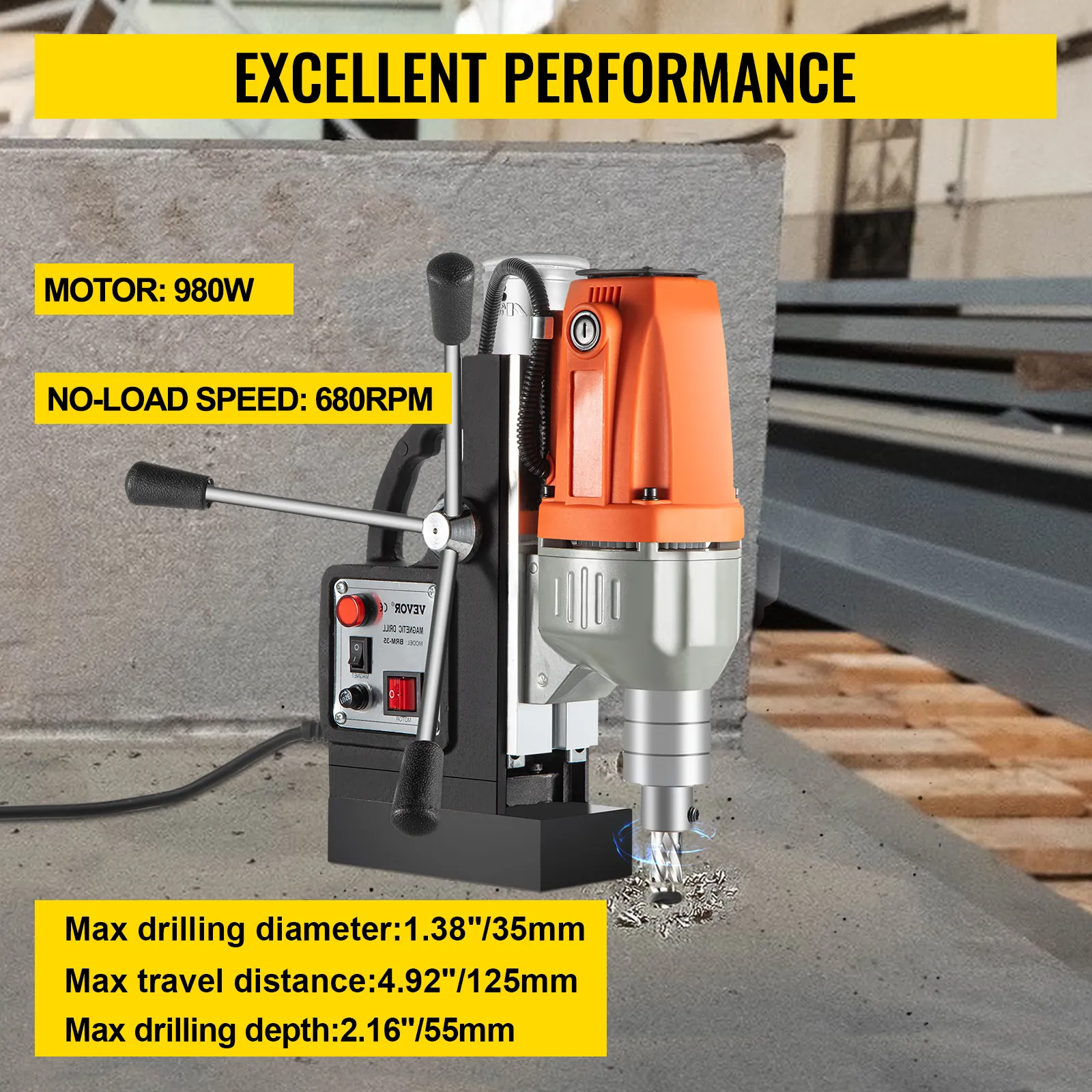 VEVOR magnetic drill press with 980w motor and 680rpm, ideal for precise drilling.