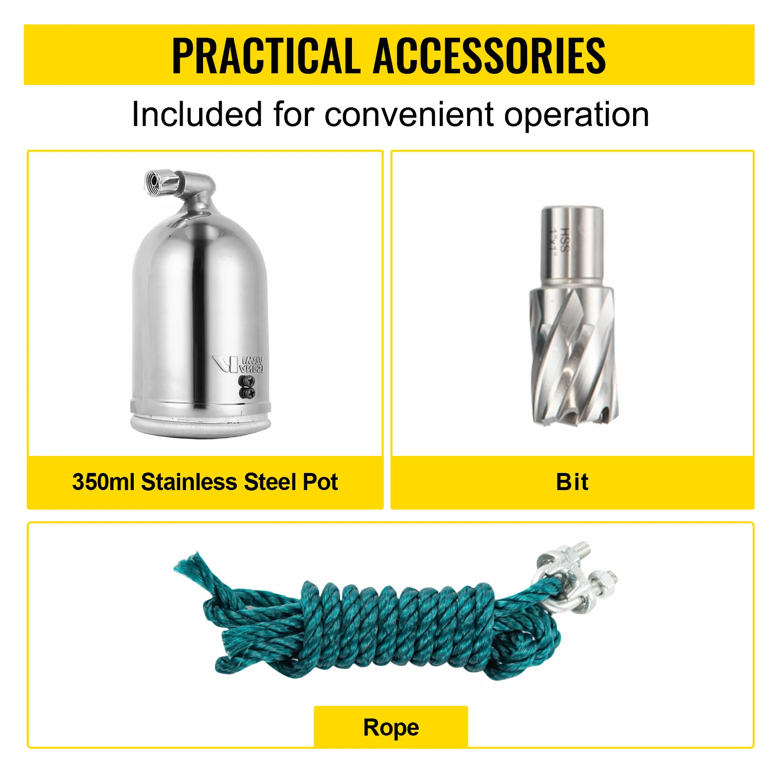 VEVOR magnetic drill press accessories: 350ml stainless steel pot, bit, and rope.