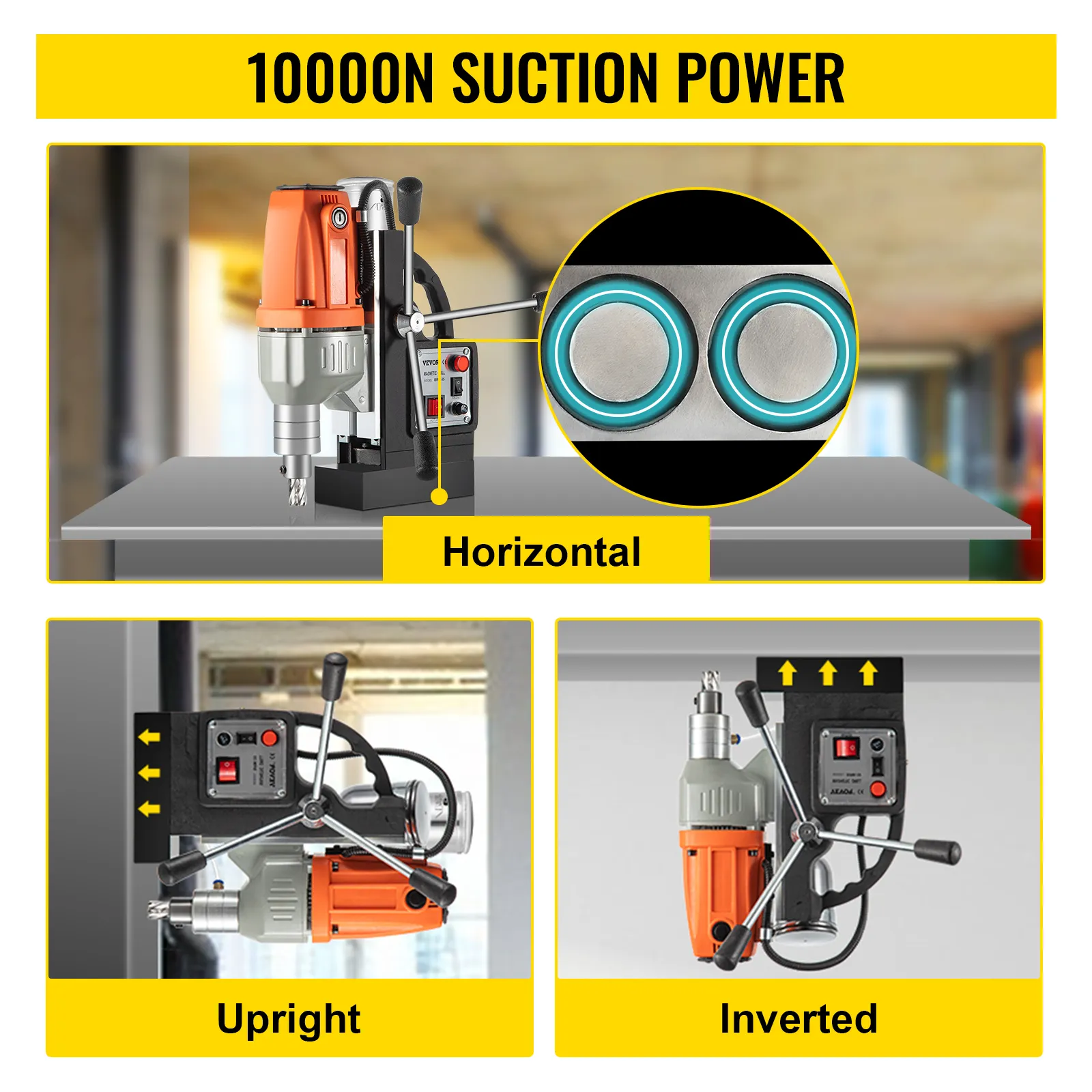 VEVOR magnetic drill press with 10000n suction power in horizontal, upright, and inverted positions