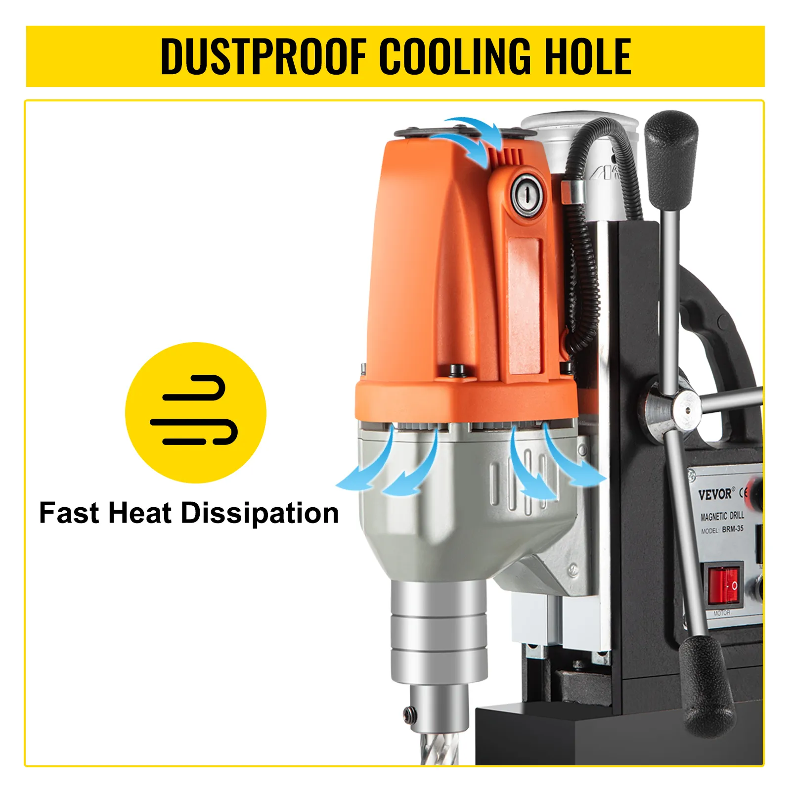 VEVOR magnetic drill press with dustproof cooling hole for fast heat dissipation.