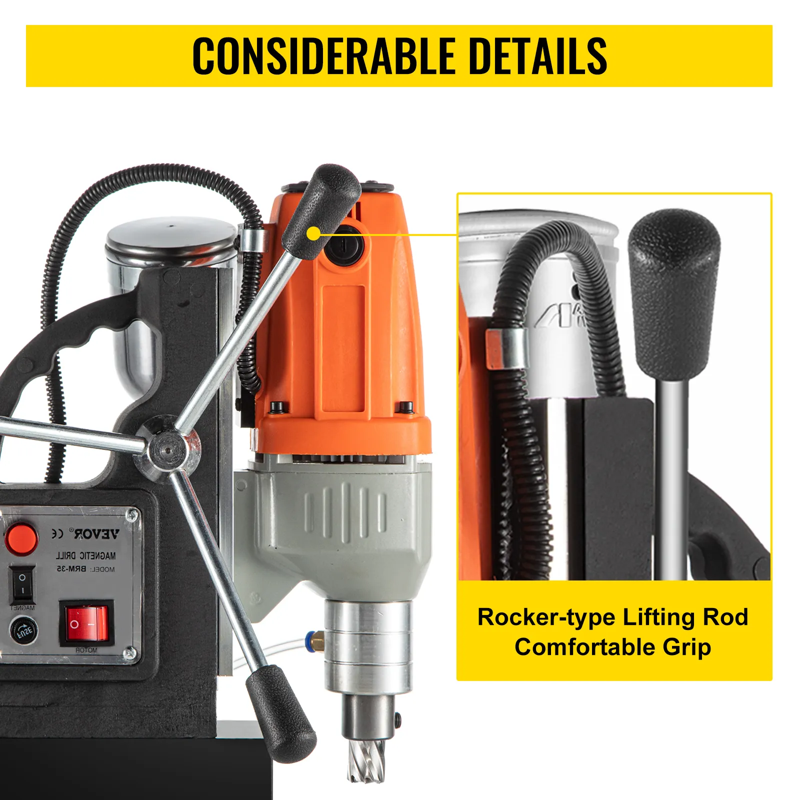 VEVOR magnetic drill press with a rocker-type lifting rod and comfortable grip.