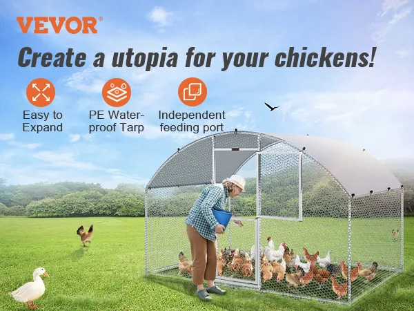 VEVOR chicken coop with pe waterproof tarp, easy expansion, and independent feeding port in a grassy field.