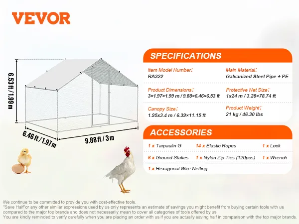 Detalles del gallinero VEVOR con dimensiones, materiales y accesorios mostrados.