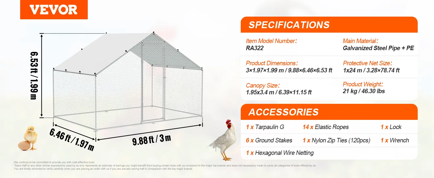 Detalles del gallinero VEVOR con dimensiones, materiales y accesorios mostrados.