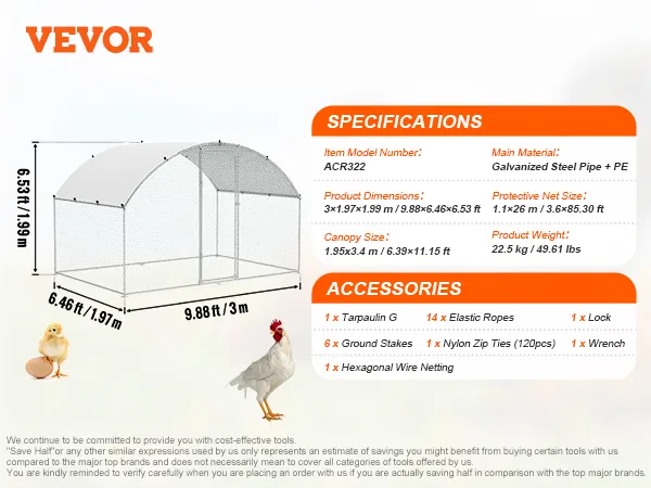 Gallinero VEVOR, estructura de acero galvanizado, 9,88x6,46x6,53 pies, accesorios enumerados, pollito y gallo en los laterales.
