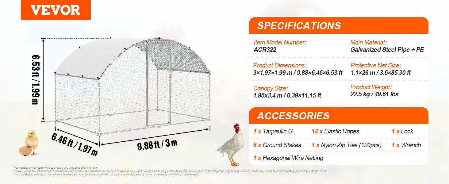 Gallinero VEVOR, estructura de acero galvanizado, 9,88x6,46x6,53 pies, accesorios enumerados, pollito y gallo en los laterales.