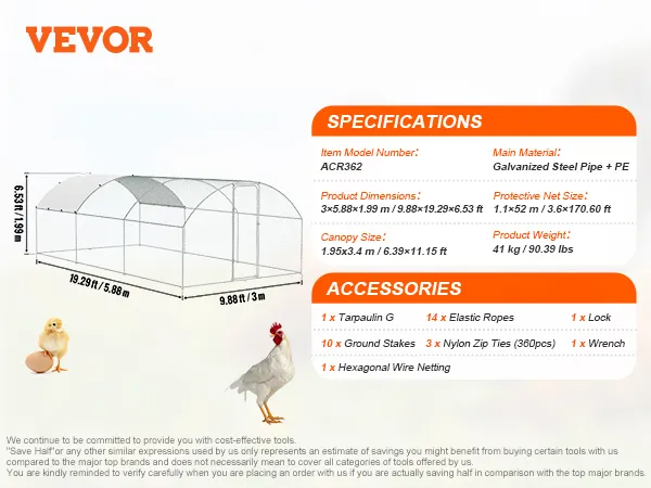 VEVOR chicken coop with dimensions and specifications, featuring accessories like tarpaulin and zip ties.