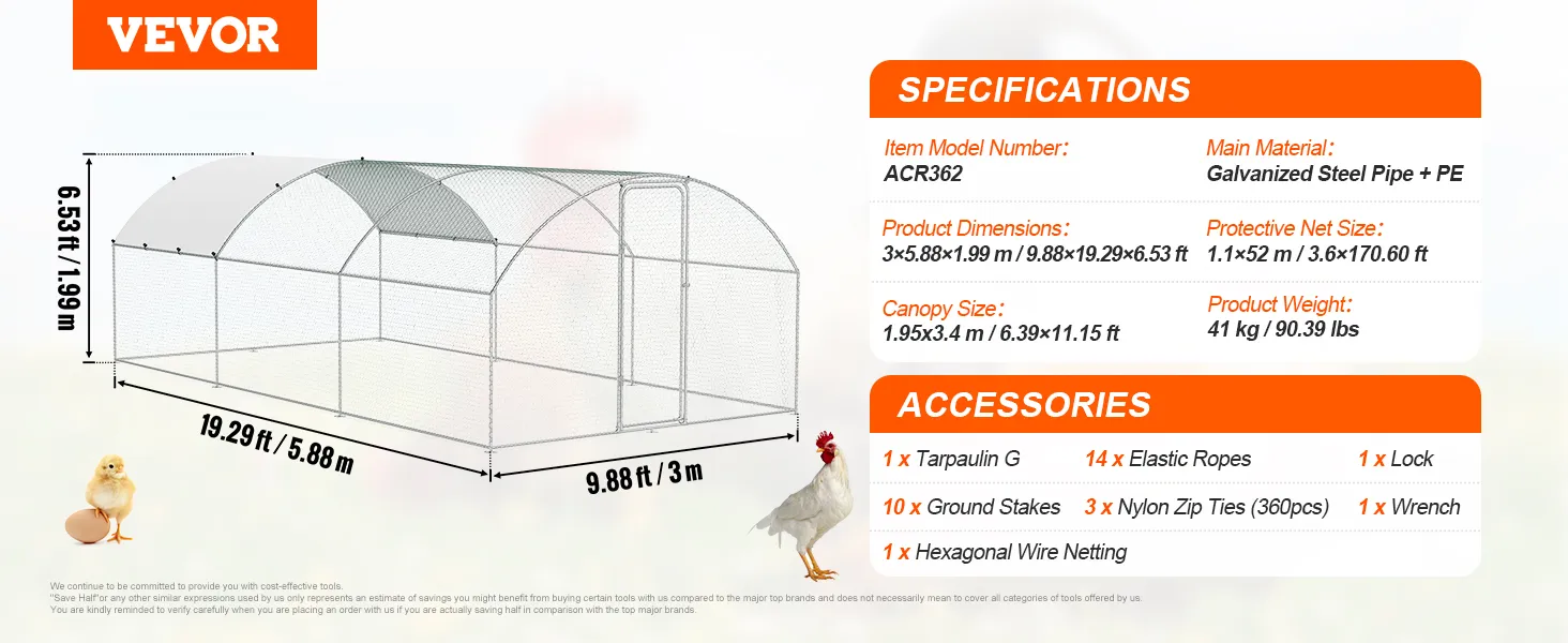 VEVOR chicken coop with dimensions and specifications, featuring accessories like tarpaulin and zip ties.