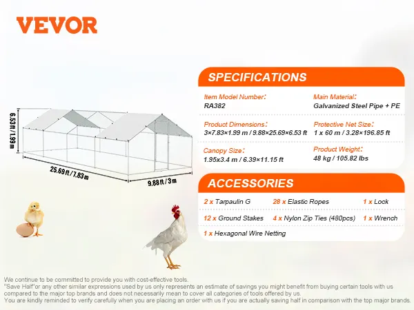 VEVOR large metal chicken coop with dimensions, specifications, and accessories listed on an illustrated guide.