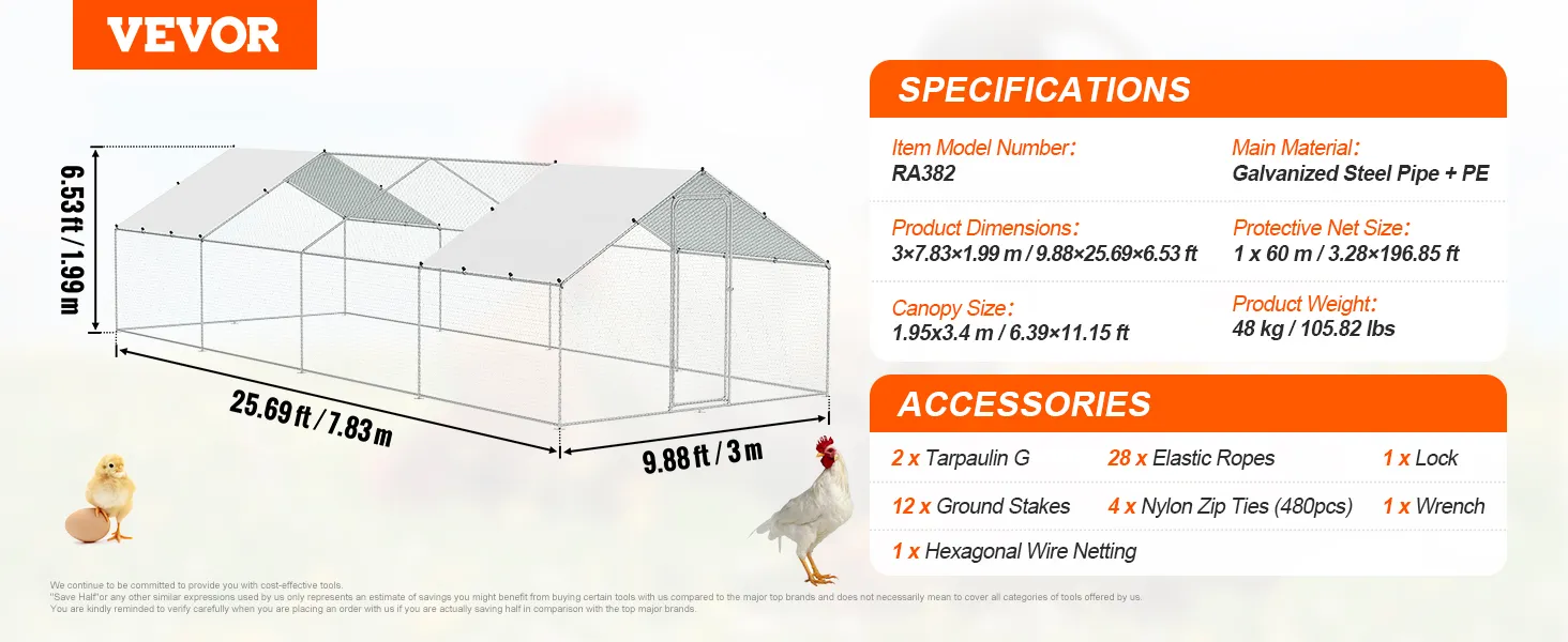 VEVOR large metal chicken coop with dimensions, specifications, and accessories listed on an illustrated guide.