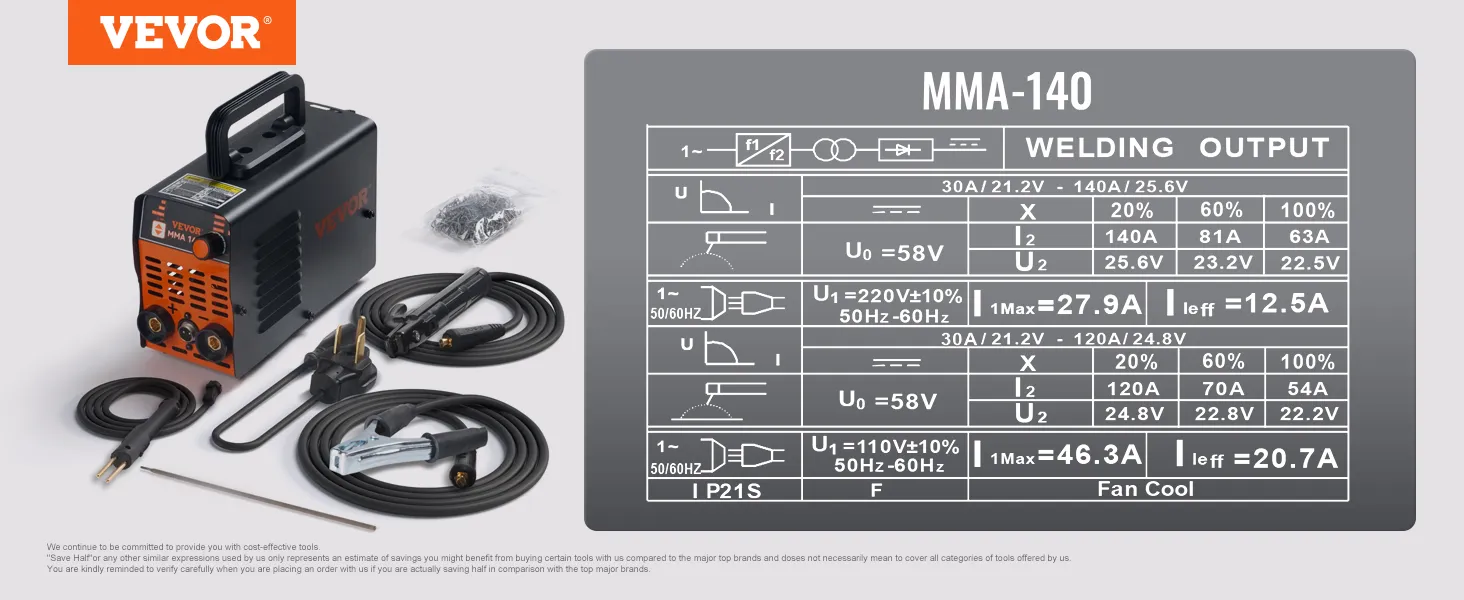 VEVOR stick welder mma-140, cables, clamps, and welding chart displayed.