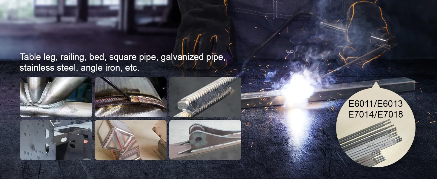 VEVOR stick welder in use on metal, showcasing welds on various materials like stainless steel and angle iron.