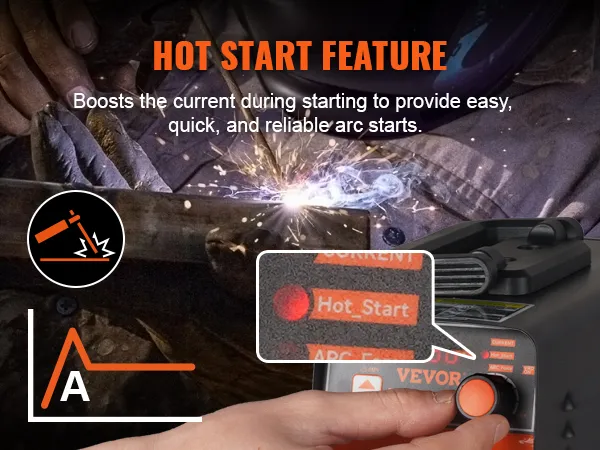 VEVOR stick welder displaying hot start feature for easy and reliable arc startups. hands adjusting controls.