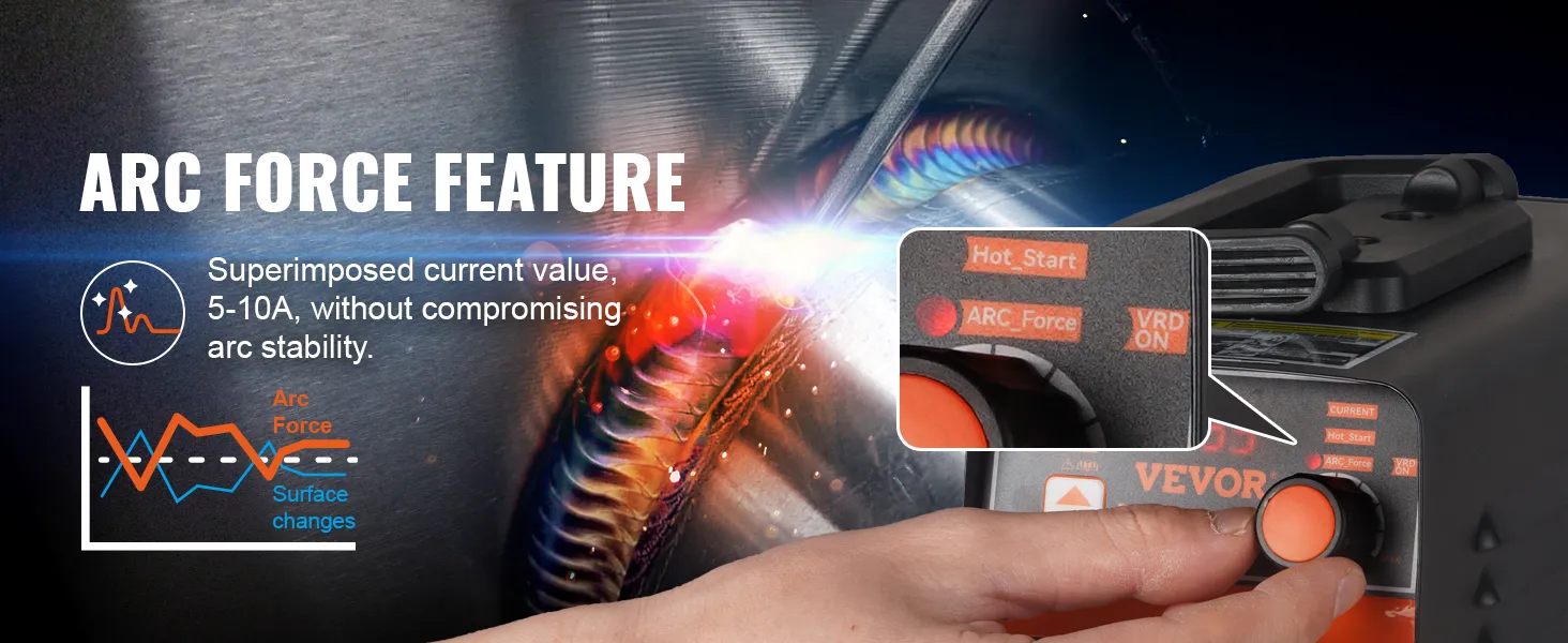 VEVOR stick welder arc force feature, with 5-10a current for stable welding, close-up of controls.