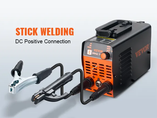 VEVOR stick welder, dc positive connection, with welding clamps and black-orange design.