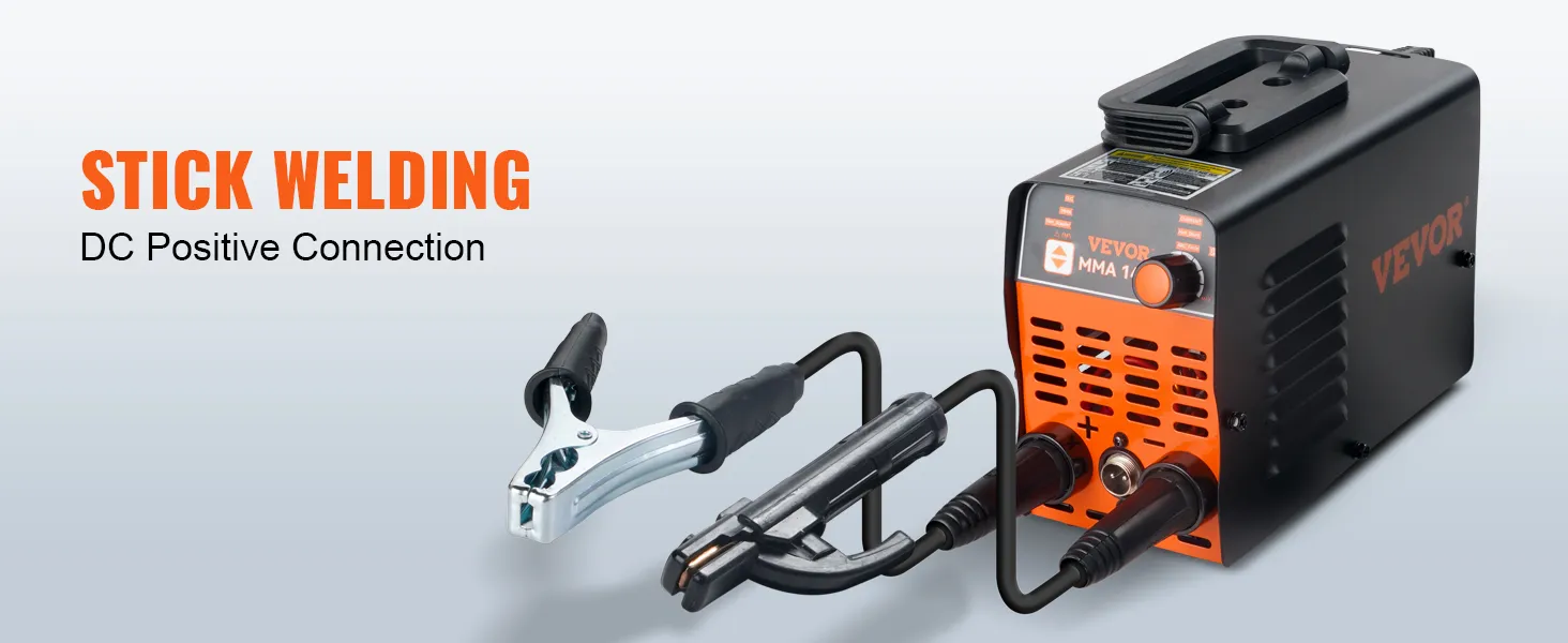 VEVOR stick welder, dc positive connection, with welding clamps and black-orange design.