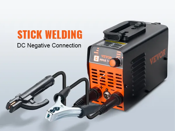 VEVOR stick welder with dc negative connection, showcasing electrode holder and ground clamp.