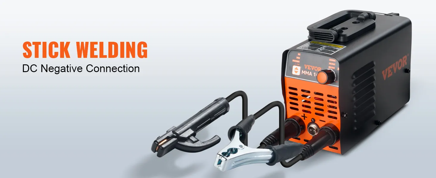 VEVOR stick welder with dc negative connection, showcasing electrode holder and ground clamp.