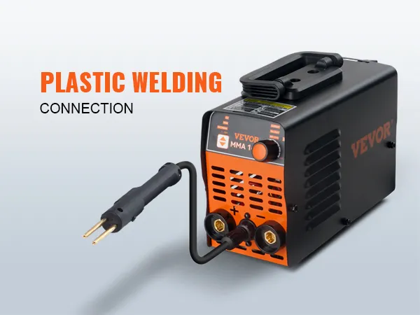 VEVOR stick welder front view with cable, promoting plastic welding connection. orange and black design.