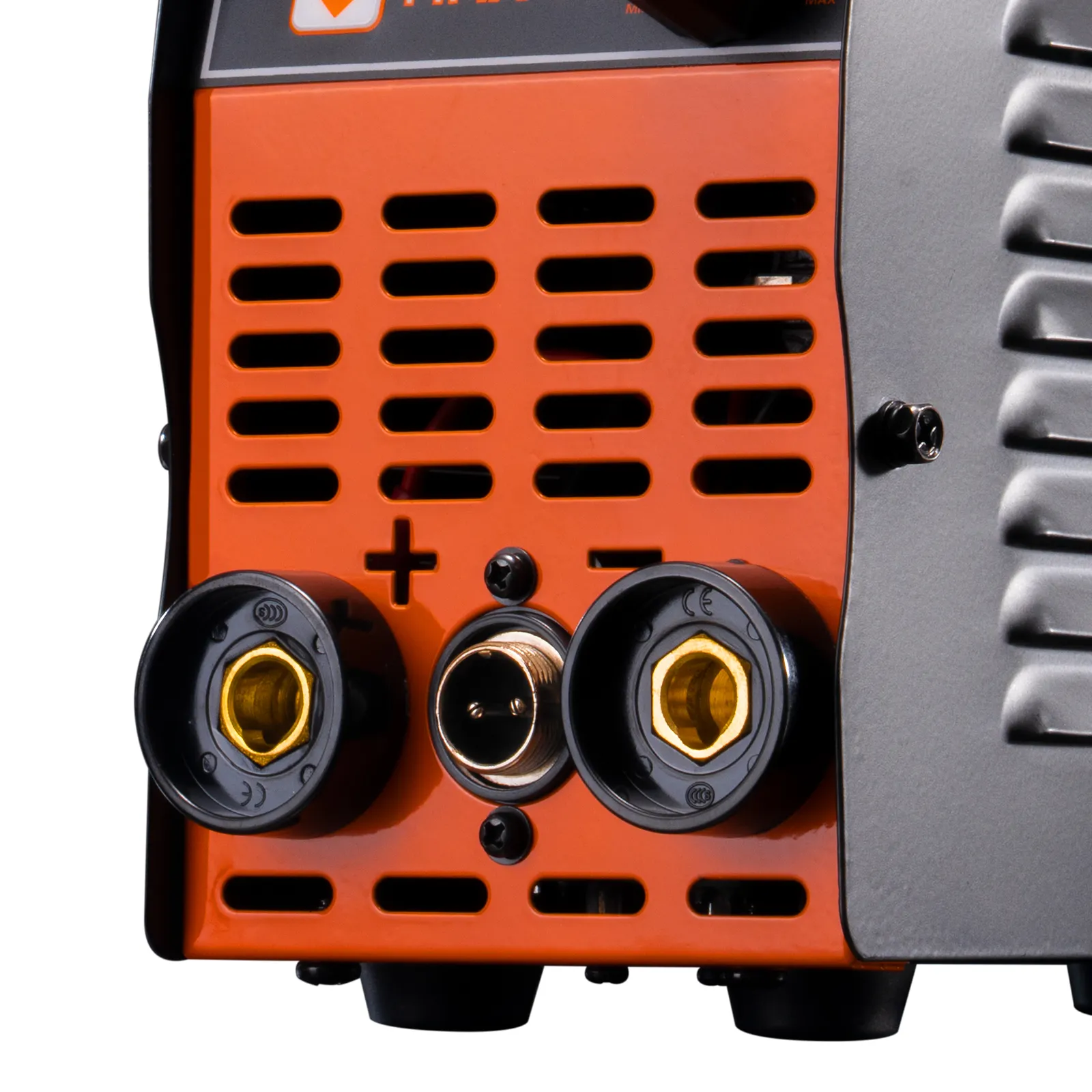 VEVOR stick welder with orange panel and connection ports, highlighting front features.