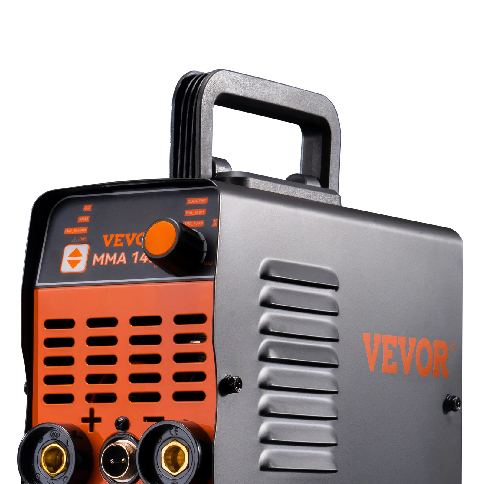 VEVOR stick welder with handle, orange and black casing, control knobs, and connection points.
