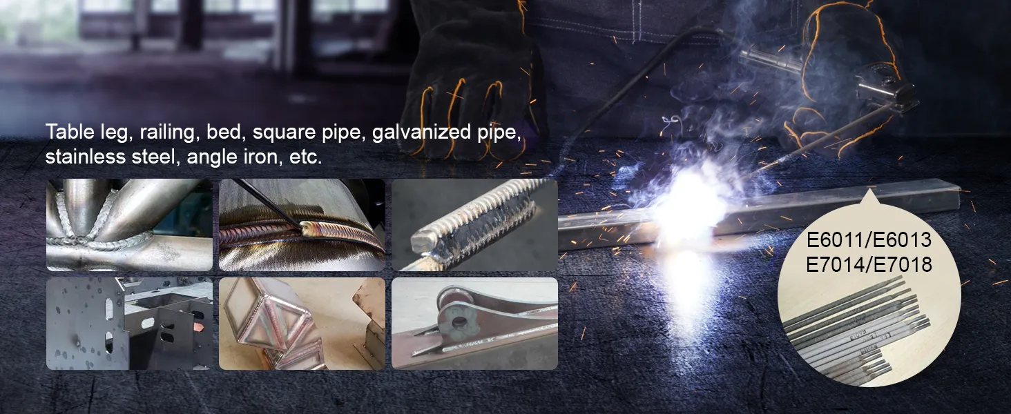 welder in use with VEVOR stick welder, welding various metals; table leg, railing, bed frame, and pipes.