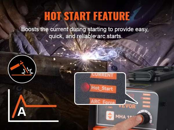 VEVOR stick welder hot start feature boosts current for quick and reliable arc starts.