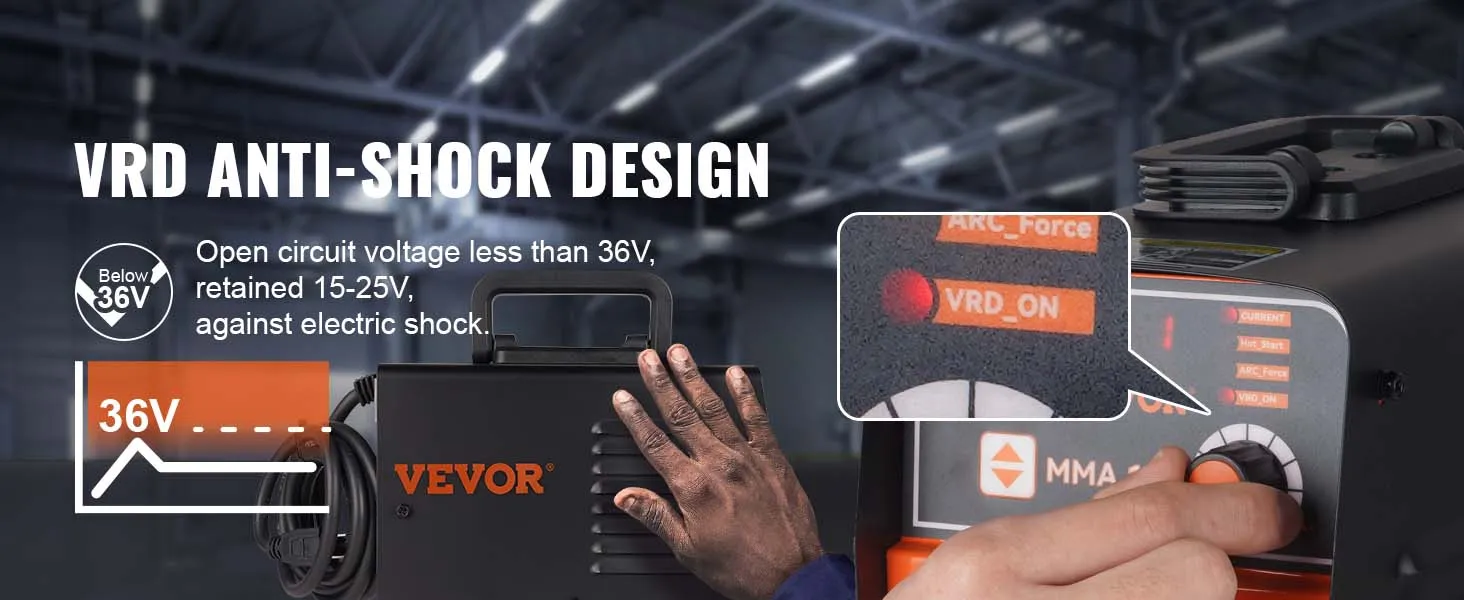 vrd anti-shock design of VEVOR stick welder, showing knob close-up and 36v safety graphic.