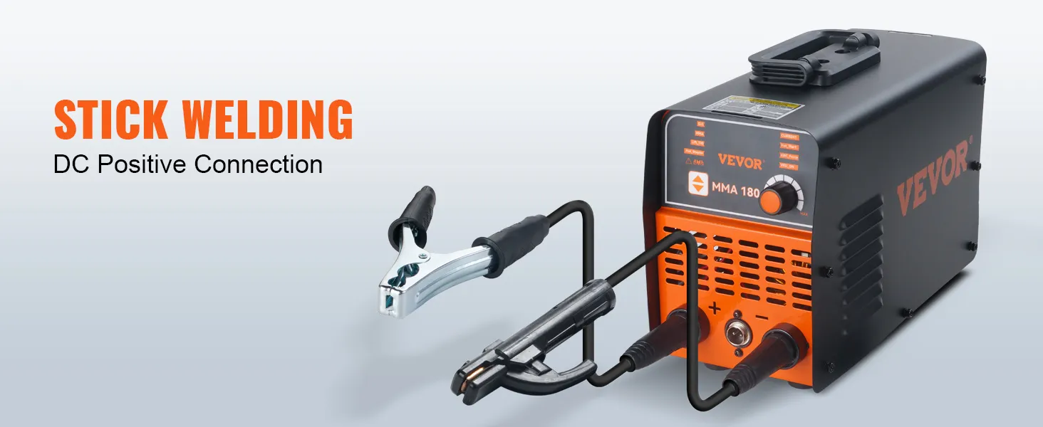 VEVOR stick welder mma 180 with dc positive connection and clamps.