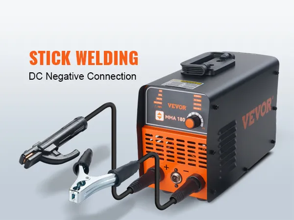 VEVOR stick welder mma 180 with dc negative connection, black and orange casing with cables attached.