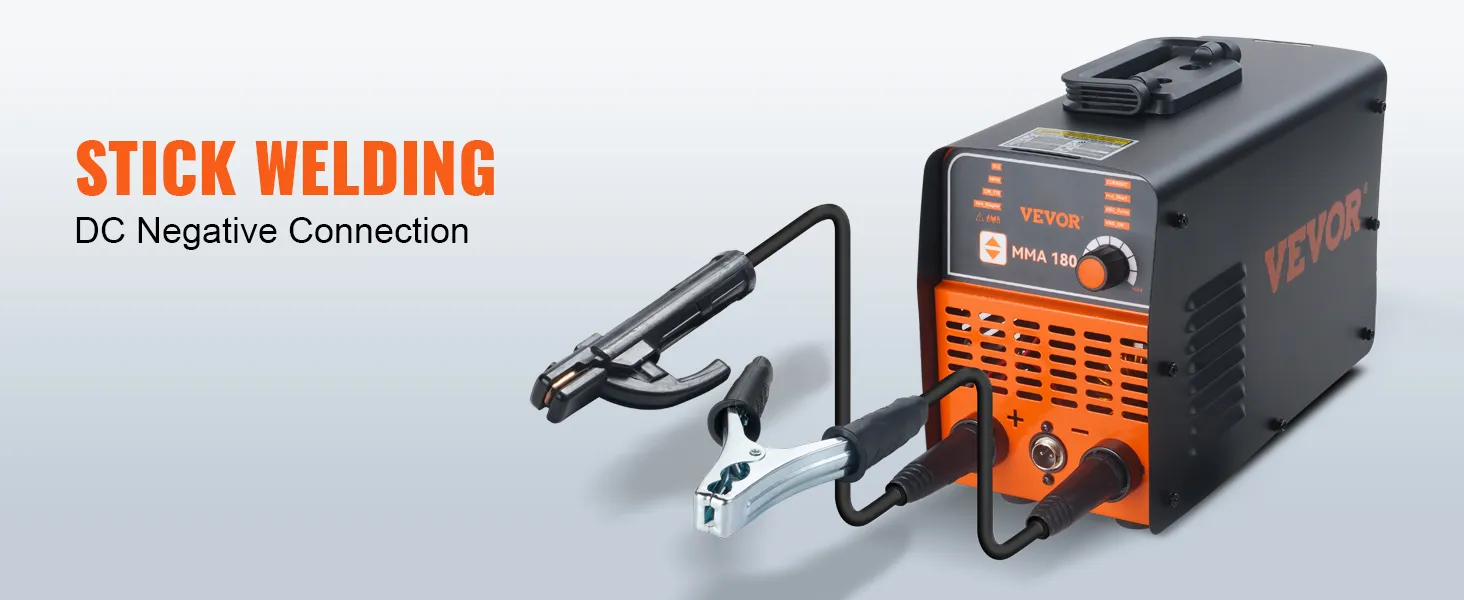 VEVOR stick welder mma 180 with dc negative connection, black and orange casing with cables attached.
