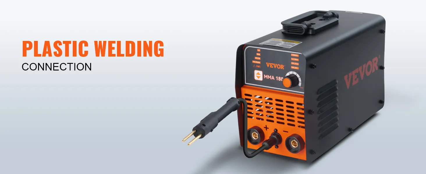 VEVOR stick welder for plastic welding, featuring connection ports and control panel.