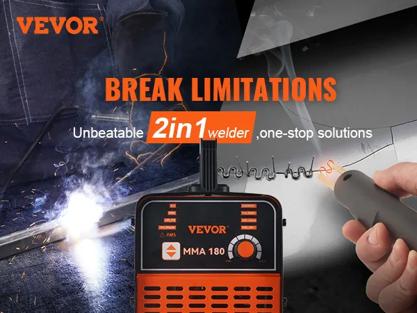 VEVOR stick welder 2in1, powerful welding solution, hand holding welding torch, sparks flying.