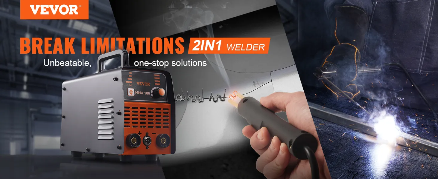 VEVOR stick welder 2in1, powerful welding solution, hand holding welding torch, sparks flying.