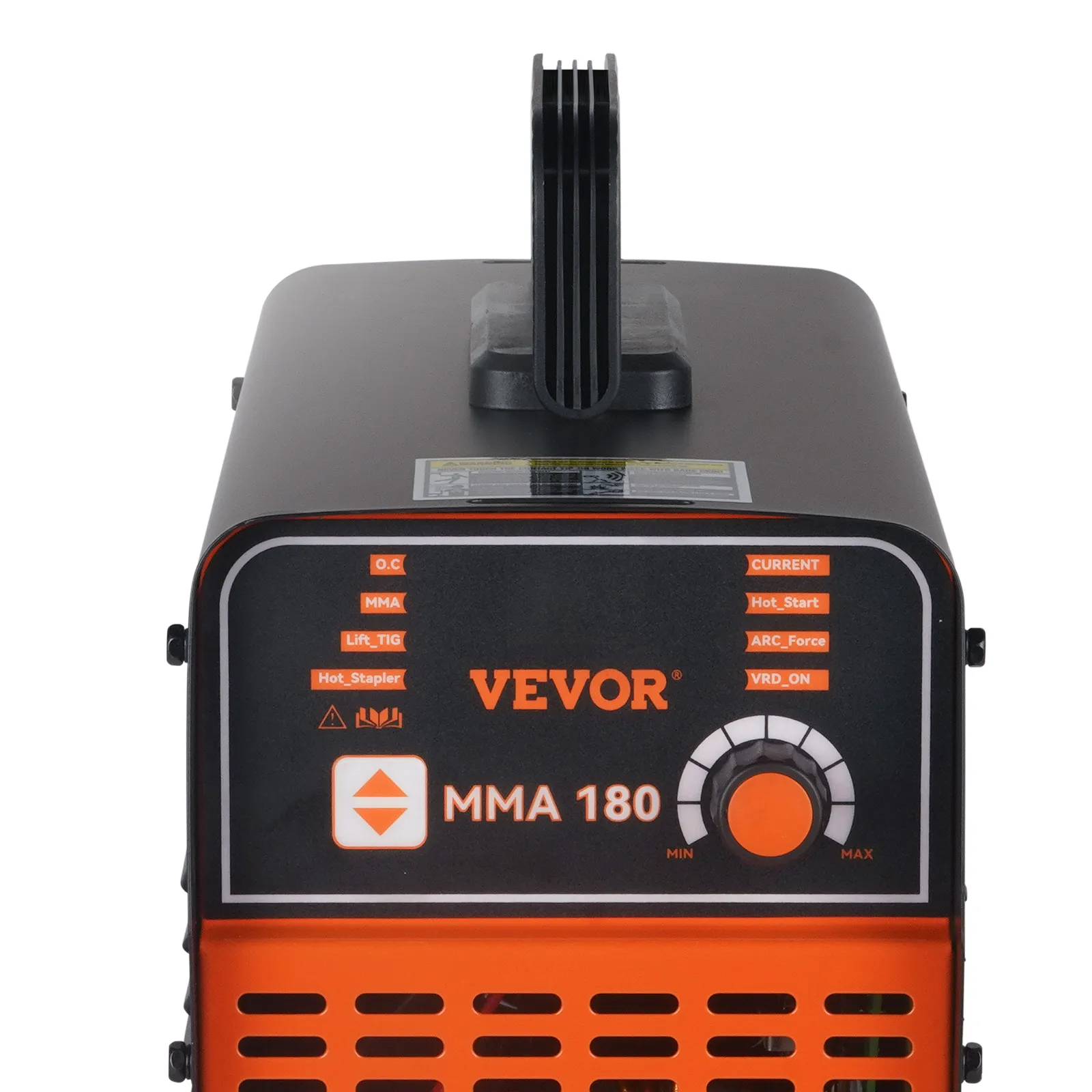 VEVOR stick welder mma 180, black and orange design with control knob and handle on top.