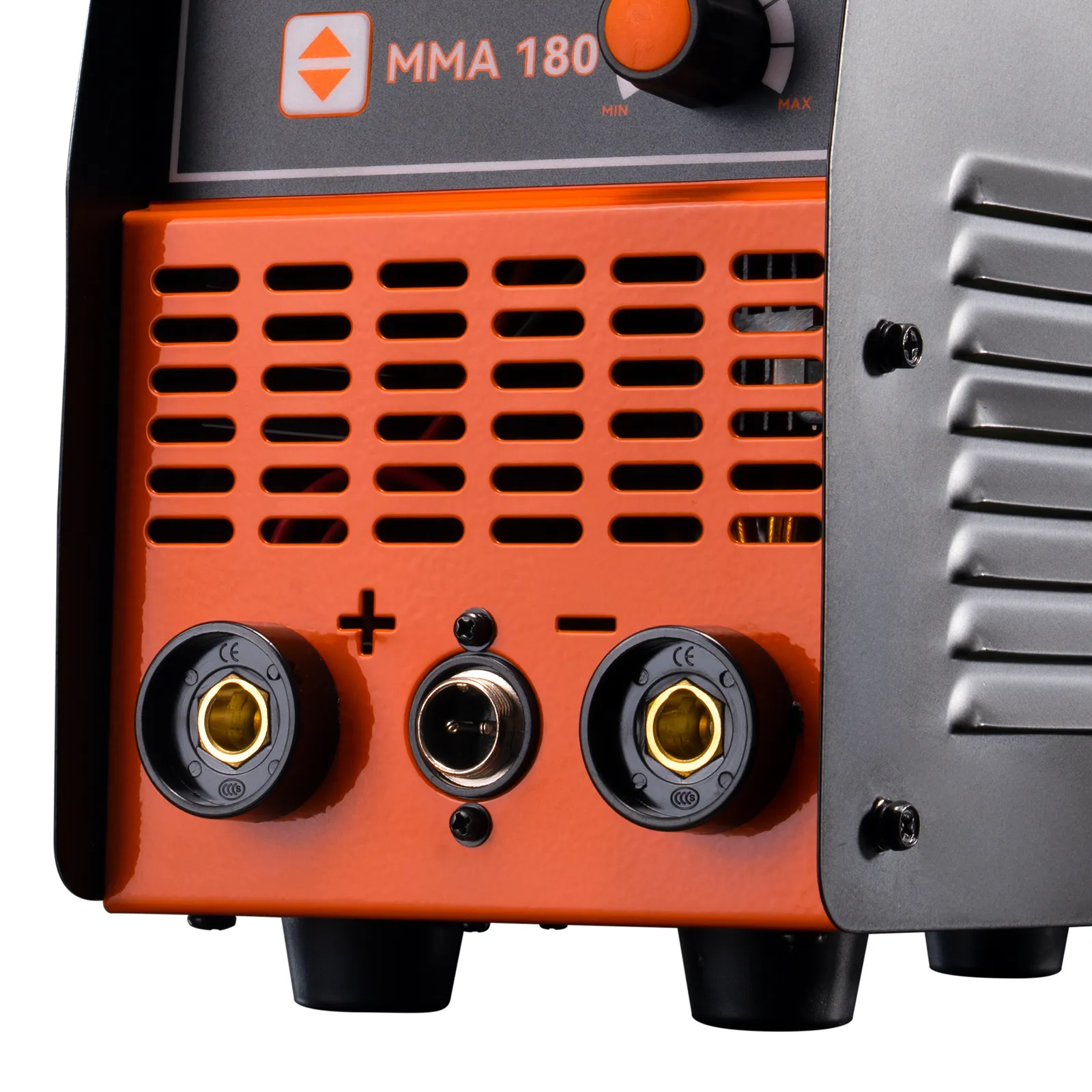 front panel and connectors of an orange VEVOR stick welder mma 180 with adjustment knob.
