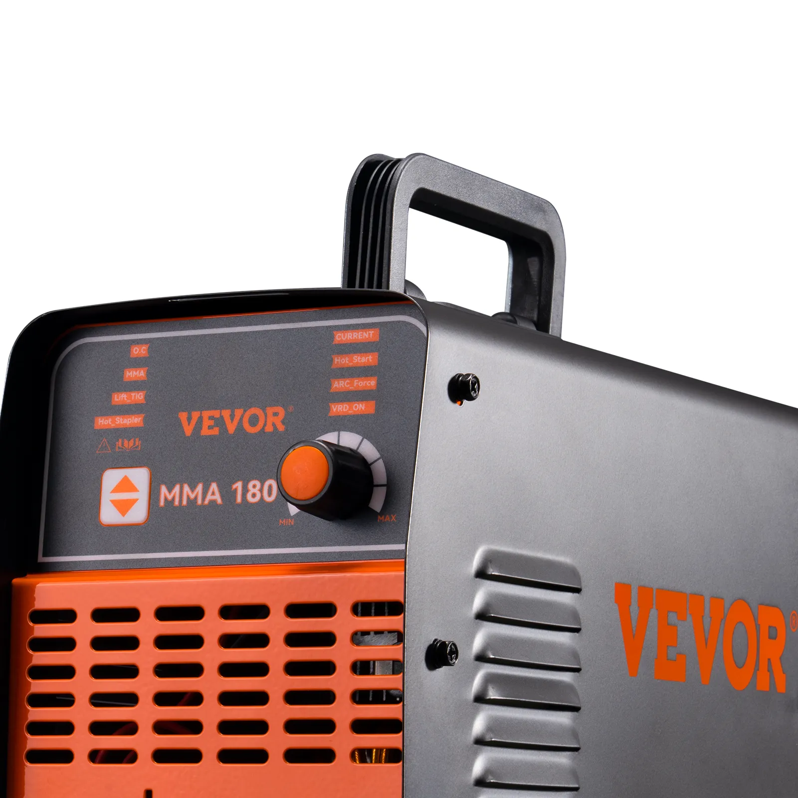 VEVOR stick welder mma 180 control panel with adjustment knob and handle for portability.
